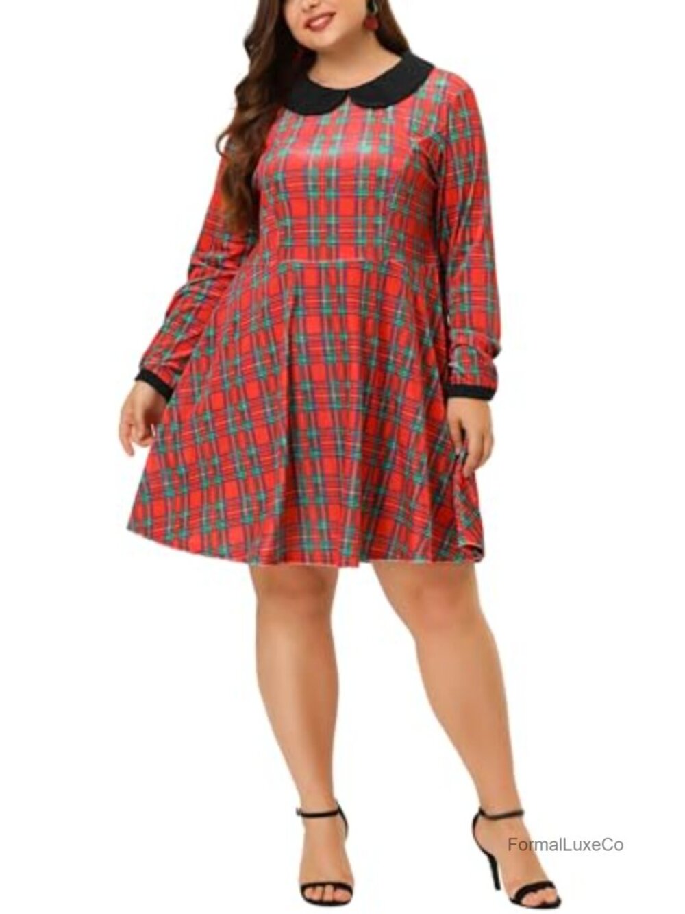 Plus Size Plaid Long Sleeve A-Line Velvet Dress Peter Pan Collar